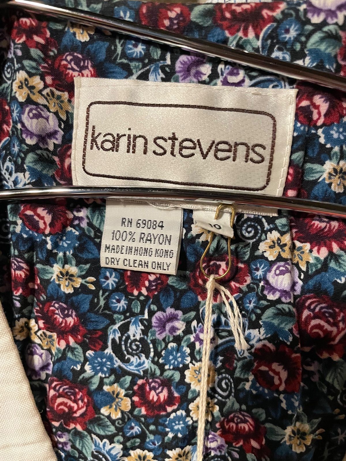 80年代 Karin Stevens 小花柄レースカラーワンピース(ネイビー・US10・香港製) 11