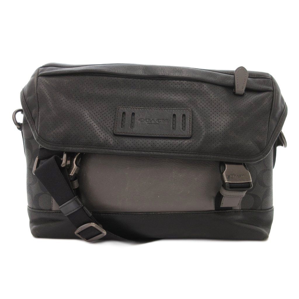 コーチ COACH F88336 レンジャー メッセンジャー ハンドバッグ 2way ロゴプレート 黒 ブラック パンチング加工 バックル留め /SJ ■GY18