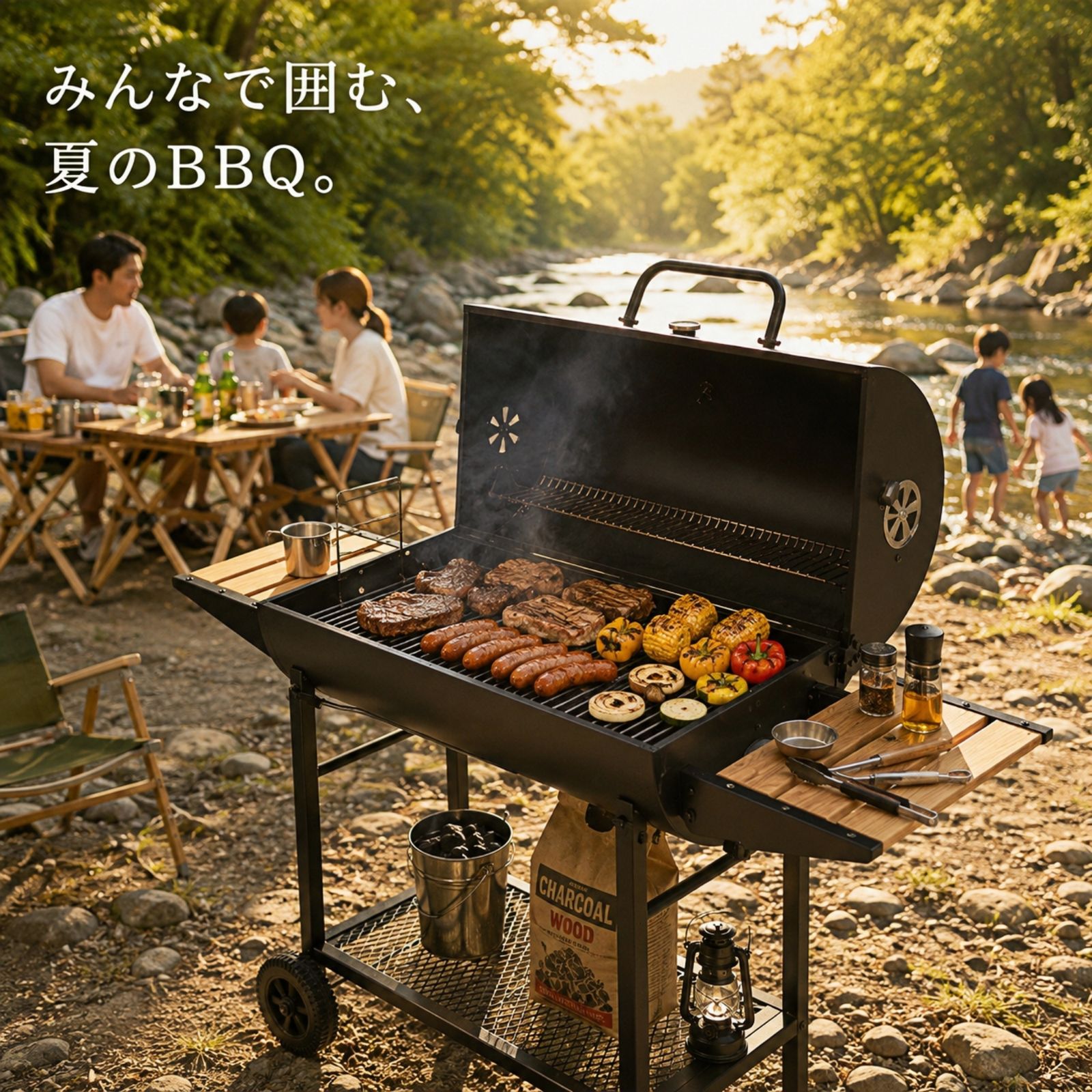 BBQコンロ バーベキューコンロ バレルグリル 蓋付き 温度計付き 焼き網 