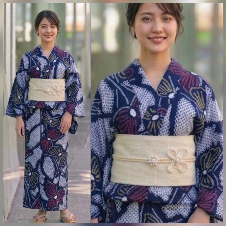 有松鳴海絞り】 バタフライ 蝶々 絞り浴衣 手縫い 藍色に赤黄のモダン