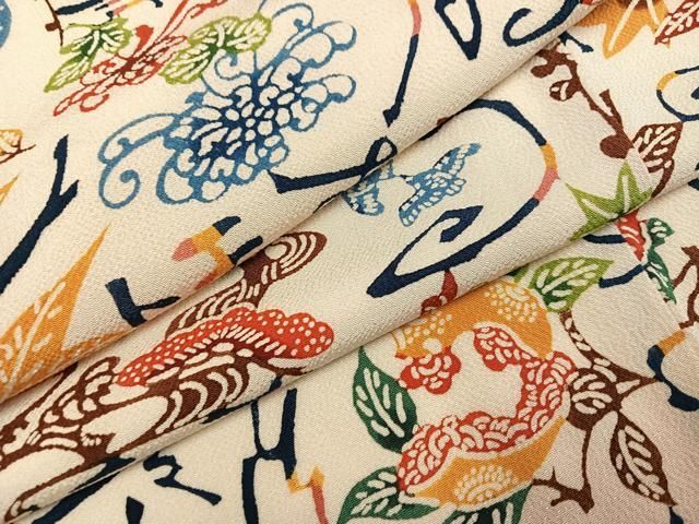 平和屋着物●上質な小紋　型染め　花鳥文　鬼しぼ縮緬　正絹　逸品　AABJ6255ph