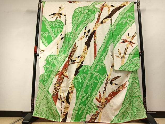 平和屋着物●豪華振袖　駒刺繍　絞り　笹竹花文　金糸　金彩　正絹　逸品　AABJ4134fy