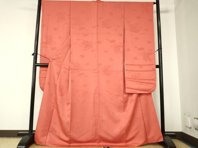 平和屋着物●振袖　貝桶花地紋　赤丹色　洗える着物　DABH0019op