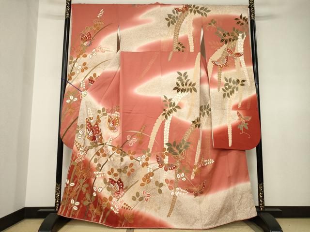 平和屋着物●豪華振袖　駒刺繍　花蝶文　暈し染め　金彩　正絹　逸品　AABJ6769ck