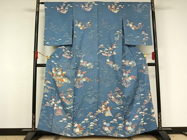 平和屋着物▽訪問着　単衣　友禅　風景花文　正絹　逸品　AABJ6197jh
