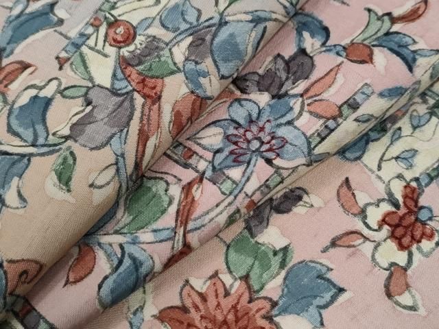 平和屋着物●上質な小紋　紬地　手描き　休み鳥更紗草花文　正絹　逸品　CABI2190yc