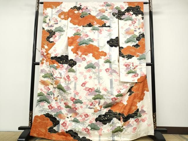 平和屋着物●豪華振袖　駒刺繍　飛鶴松竹梅文　金彩　正絹　逸品　CABH9919ut