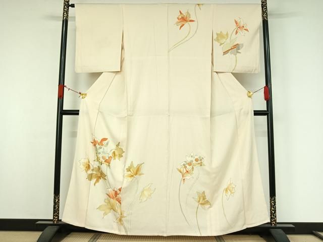 平和屋着物▽訪問着　単衣　草花文　金銀彩　正絹　逸品　AABJ9699jh