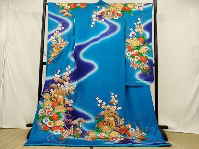 平和屋本店●お引きずり・お引き摺り・引き振袖　和装　結婚式　舞妓　芸妓　芸者　衣装　総駒刺繍　御所車花文　金糸　AABJ8267ou