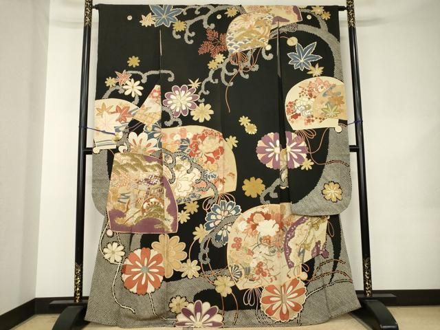 平和屋本店●アンティーク　大正ロマン　振袖　駒刺繍　地紙御所車花文　黒地　正絹　逸品　AABK0372ck