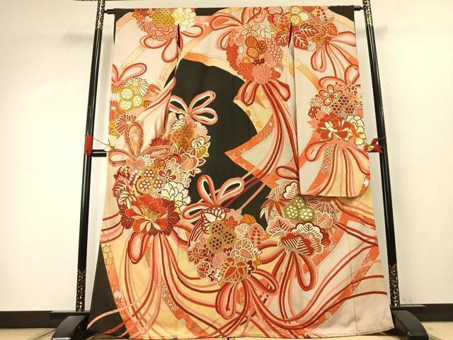 平和屋本店●アンティーク　大正ロマン　振袖　駒刺繍　草花文　金糸　金銀彩　正絹　逸品　AABK1249fy