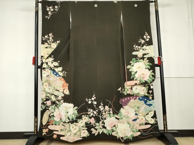 平和屋本店●アンティーク　大正ロマン　振袖　刺繍　檜扇鳳凰草花文　黒地　金彩　正絹　逸品　AABK3448cs