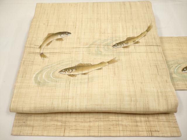 平和屋着物＊夏物　九寸名古屋帯　手描き　鮎　麻　逸品　CABK1746tx