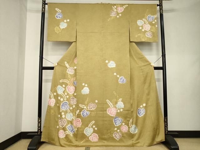平和屋着物●創業460年・千總　訪問着　絞り　駒刺繍　草花文　金彩　三越扱い　正絹　逸品　AABL0040ck