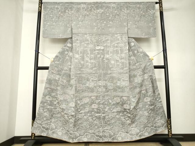 平和屋着物●山岡古都・古都染人　染織美術品　薬墨染　天目織　お召　訪問着　花鳥文　正絹　逸品　未使用　AABL0890ck