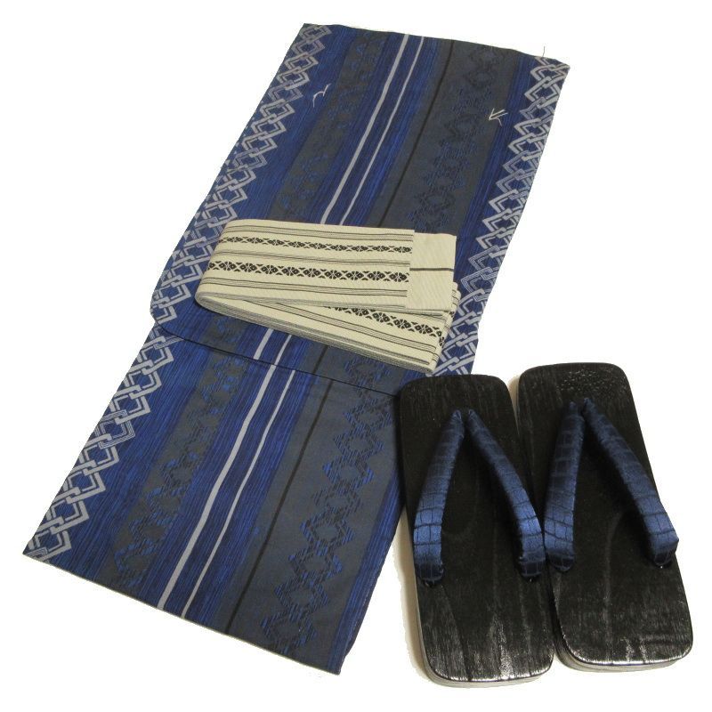 匿名 新品 紳士浴衣セット Lサイズ メンズ浴衣 浴衣 角帯 桐下駄 腰紐 4点セット