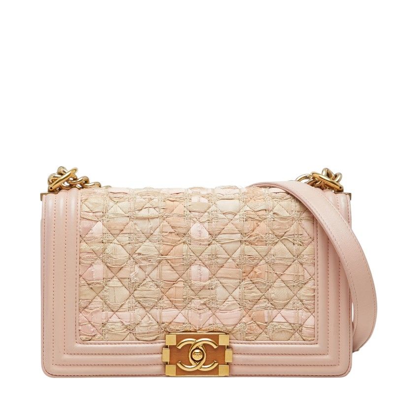 シャネル ココマーク ボーイシャネル チェーン ショルダーバッグ A67086 ピンク ラムスキン ツイード レディース CHANEL【1-0280040】
