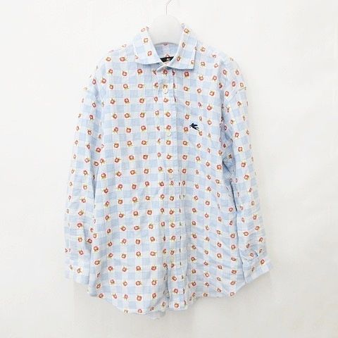 エトロ ETRO シャツ 長袖 ホリゾンタルカラー ロゴ チェック柄 青 白 ブルー ホワイト 8anni