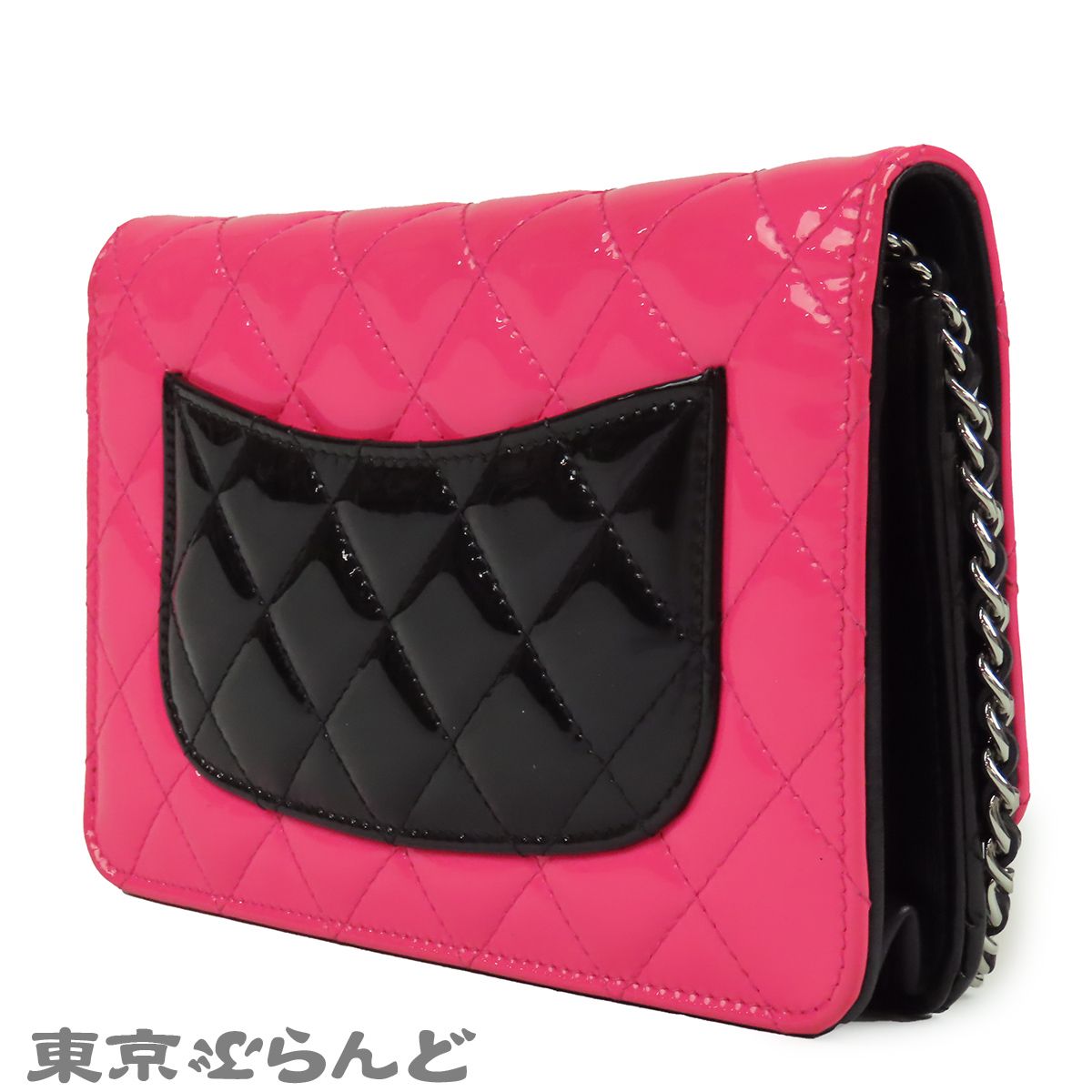 シャネル CHANEL チェーンウォレット 長財布 ピンクxブラック シルバー