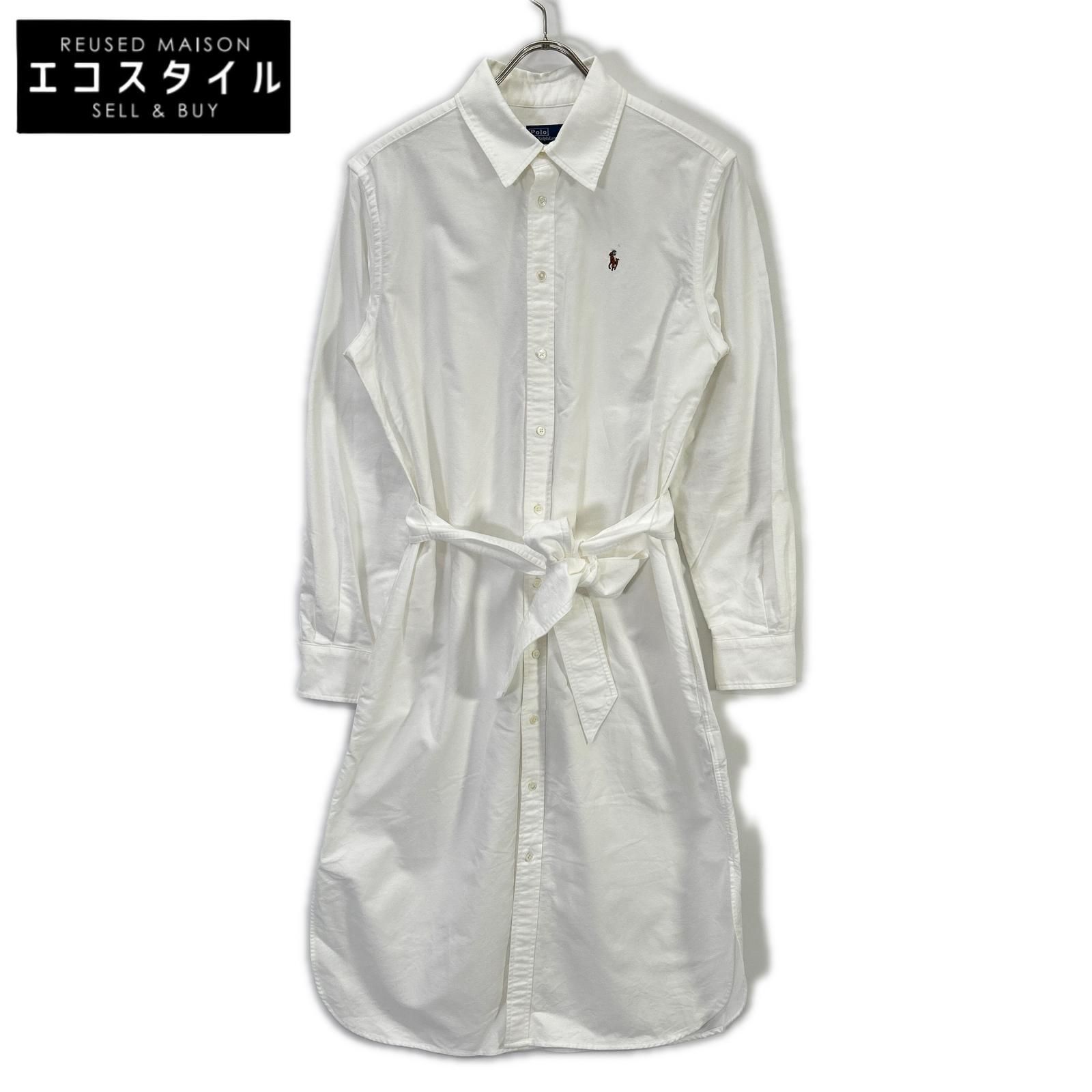 POLObyRalphLauren　ポロラルフローレン　ホワイト ベルテッド コットン オックスフォードシャツドレス　4