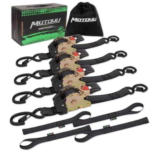 MOTO4U タイダウンベルト 自動巻 4本セット 25mm x 3m ラチュットベルト 固定ベルト 荷締めベルト ソフトループ&収納バッグ付き(4個)t