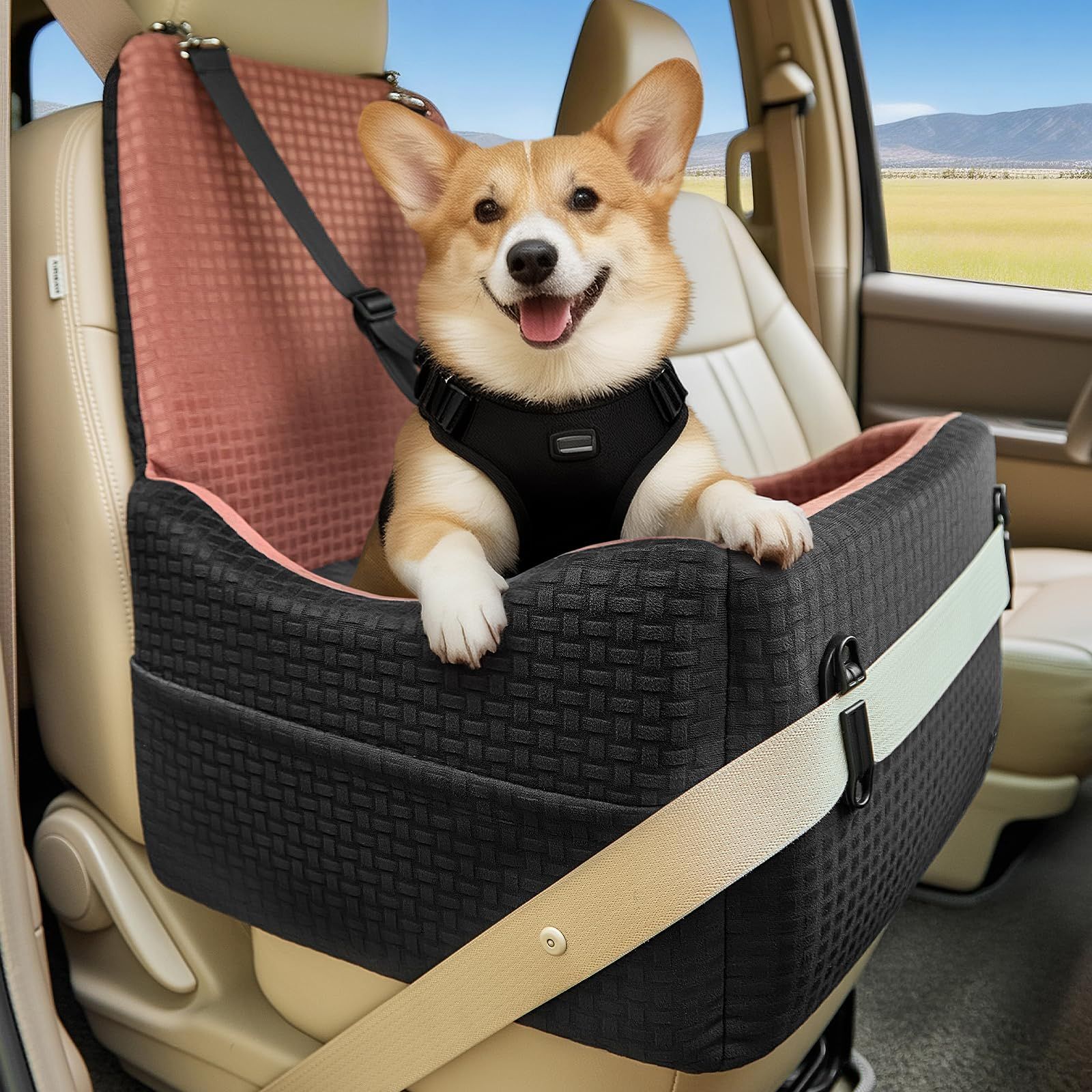 Petsfit ペットドライブボックス 犬 車用ベッド ドライブシート 安全ベルト付き 安定 飛び出し防止 防水・滑り止め 取り外し可能マット 冬夏兼用 旅行 お出かけ 帰省t