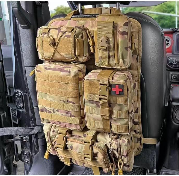 Nexxxly（ネクスリー）シート 収納 バックシート シートバッグ キックガード ミリタリー MOLLE 後部シート 収納 収納ポケット シートカバー 汚れ防止 簡単取付 5個のポーチ付き 組合せ自由 (マルチカム)t