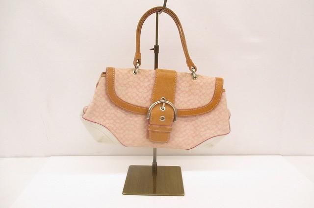 良品 コーチ COACH ハンドバッグ 6349 キャンバス×レザー ミニシグネチャー ピンク×ホワイト系 レディース