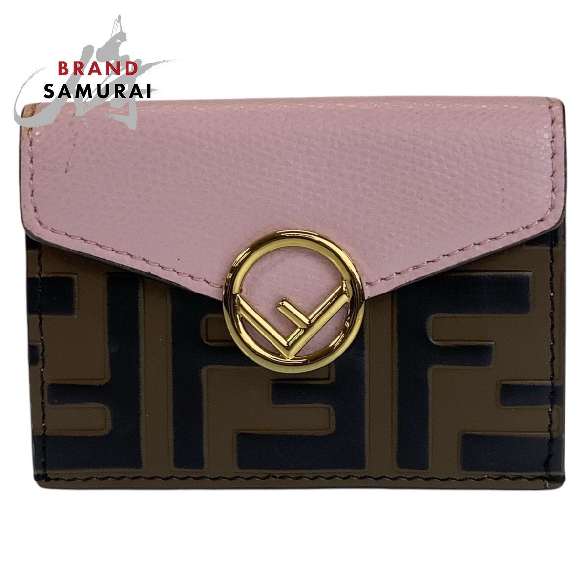 FENDI フェンディ ズッカ エフイズフェンディ ピンク ブラウン ゴールド金具 レザー 折財布 コンパクトウォレット レディース 603659【中古】