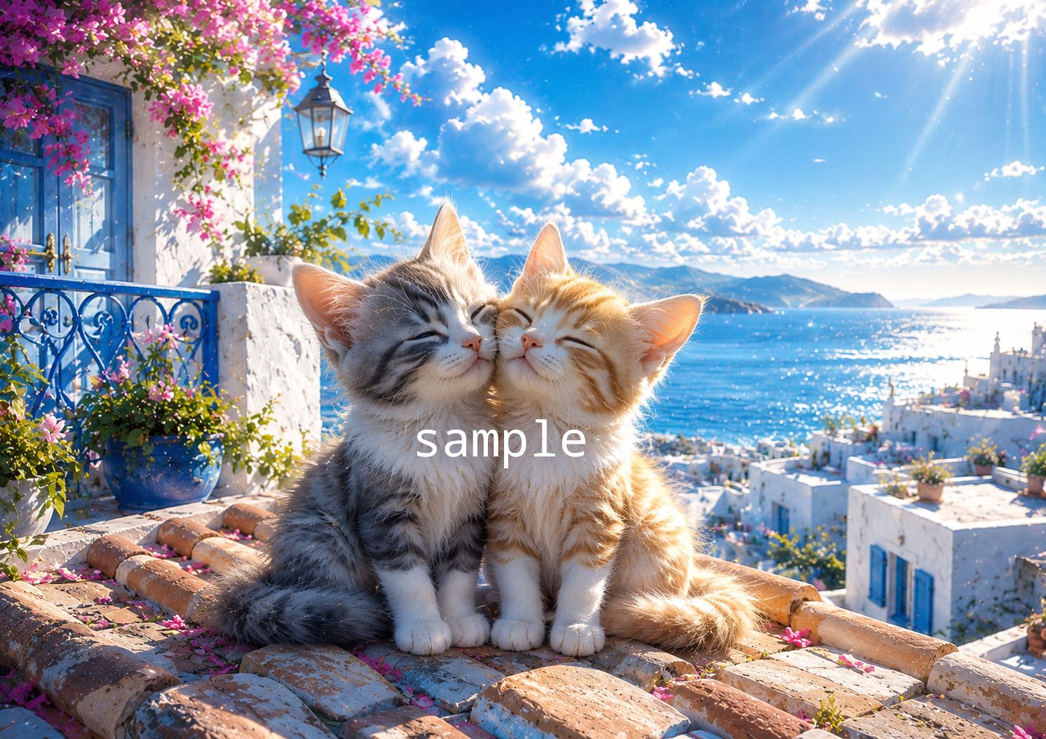 子猫カップルの夏物語｜エーゲ海の屋根で寄り添う癒しのヒーリング