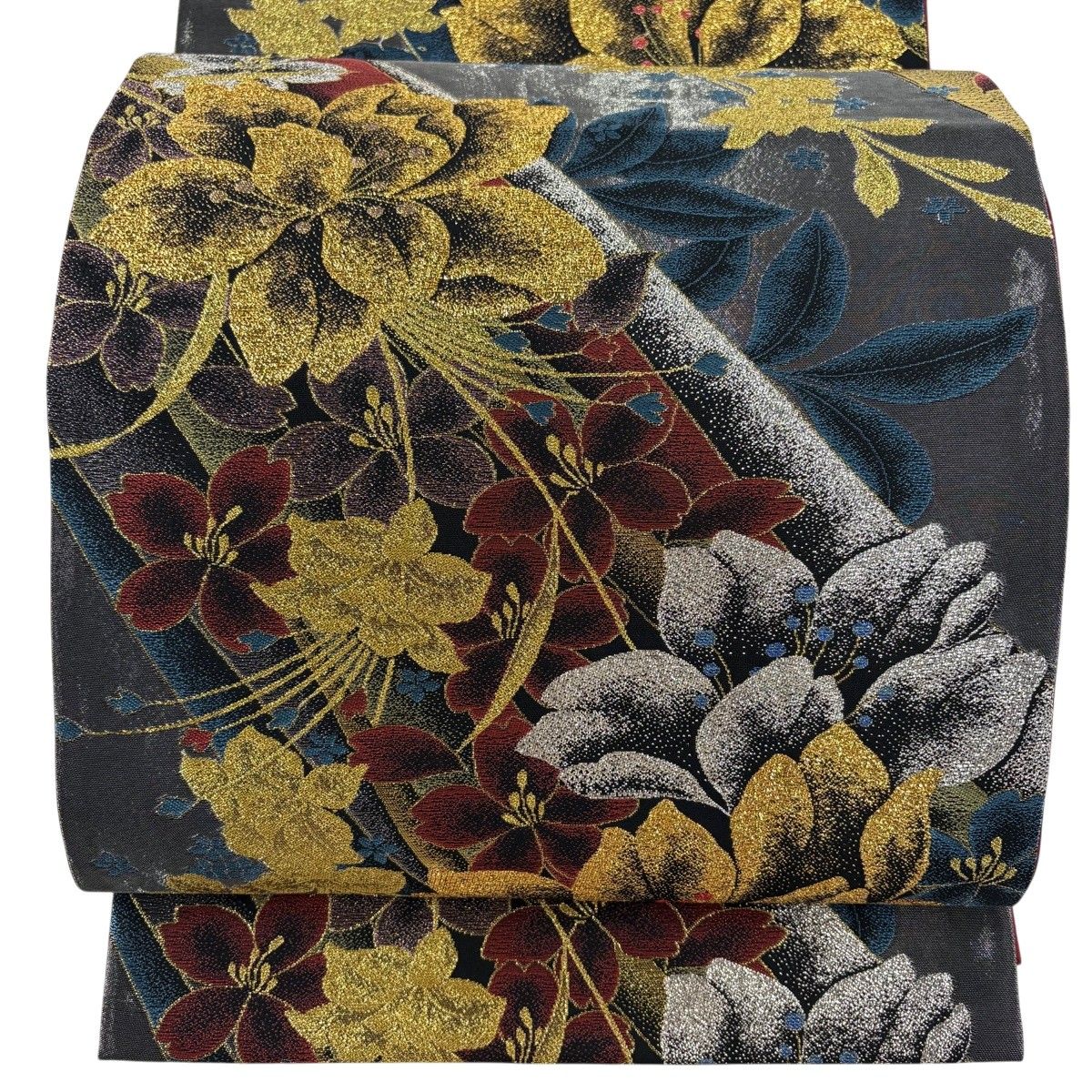 【美品】 袋帯 秀品 草花 金銀糸 箔 墨色 六通 正絹 【中古】