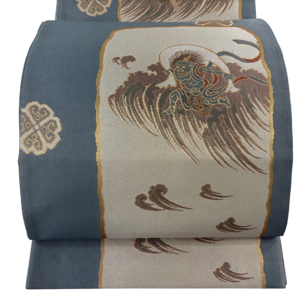 袋帯 逸品 風神雷神 箔 青灰色 六通 正絹 【中古】
