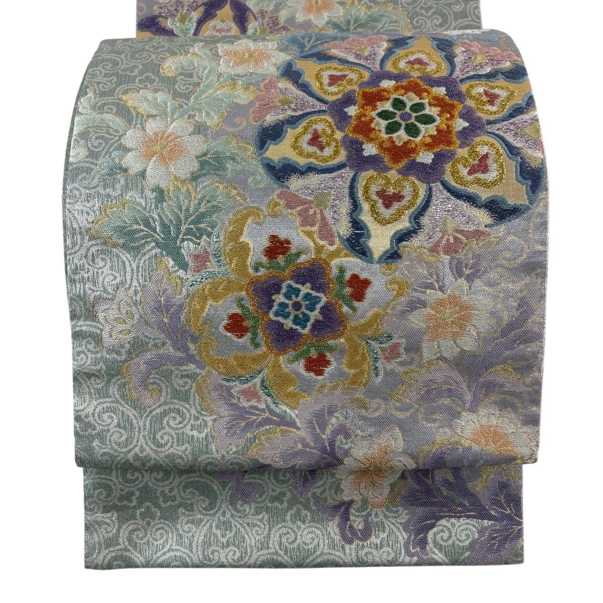【美品】 袋帯 名品 華文 唐草 箔 金糸 灰緑 六通 正絹 【中古】