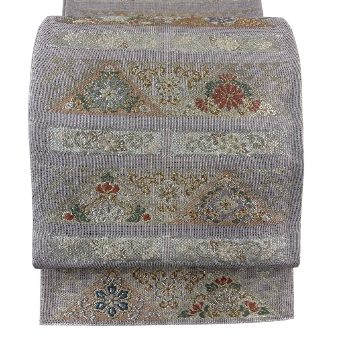 袋帯 名品 夏帯 絽 花唐草 縞 金銀糸 灰紫 六通 正絹 【中古】