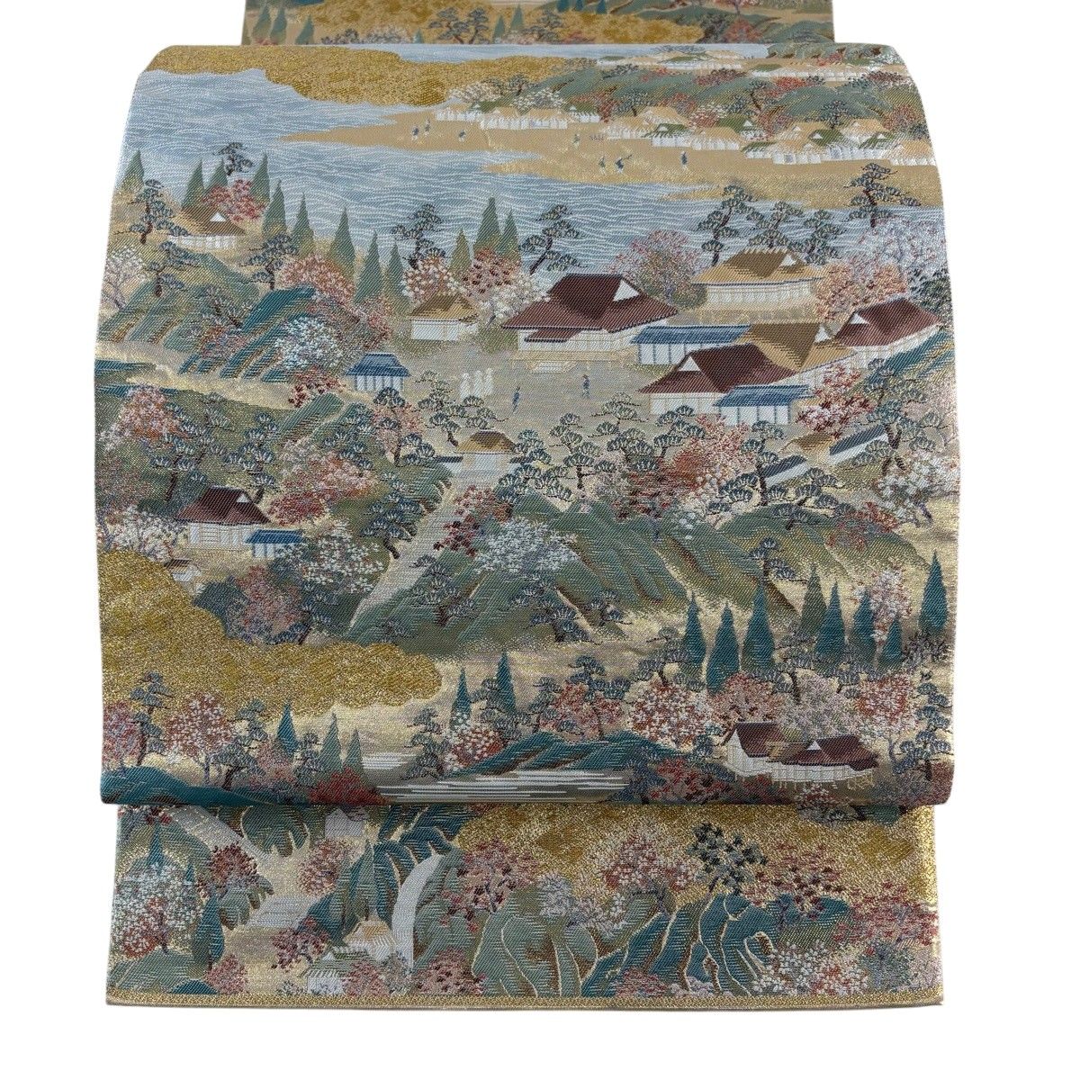 【美品】 袋帯 秀品 神奈川古図 関西仕立て 風景 建物 金糸 箔 金色 六通 正絹 【中古】