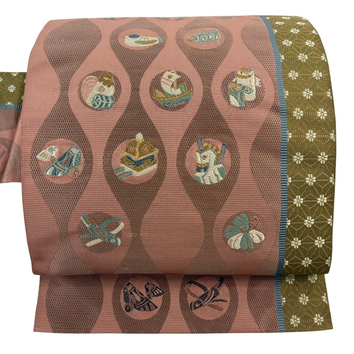 名古屋帯 秀品 八寸名古屋帯 玩具 立涌 金糸 ピンクベージュ 正絹 【中古】