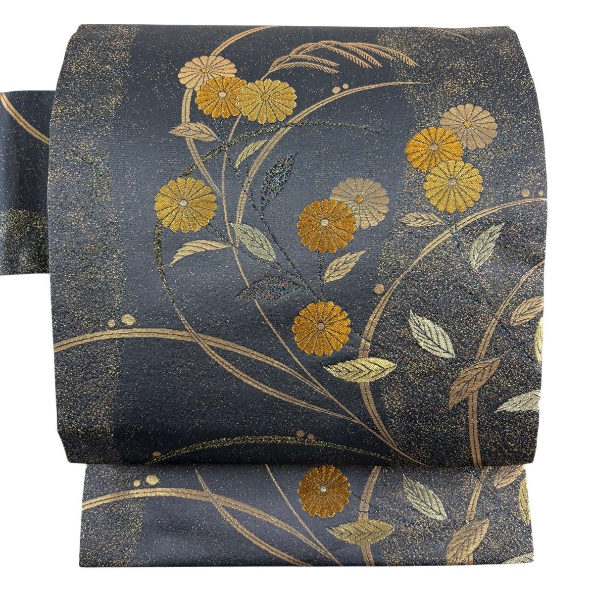 【美品】 名古屋帯 秀品 菊 すすき 金糸 箔 黒灰 正絹 【中古】