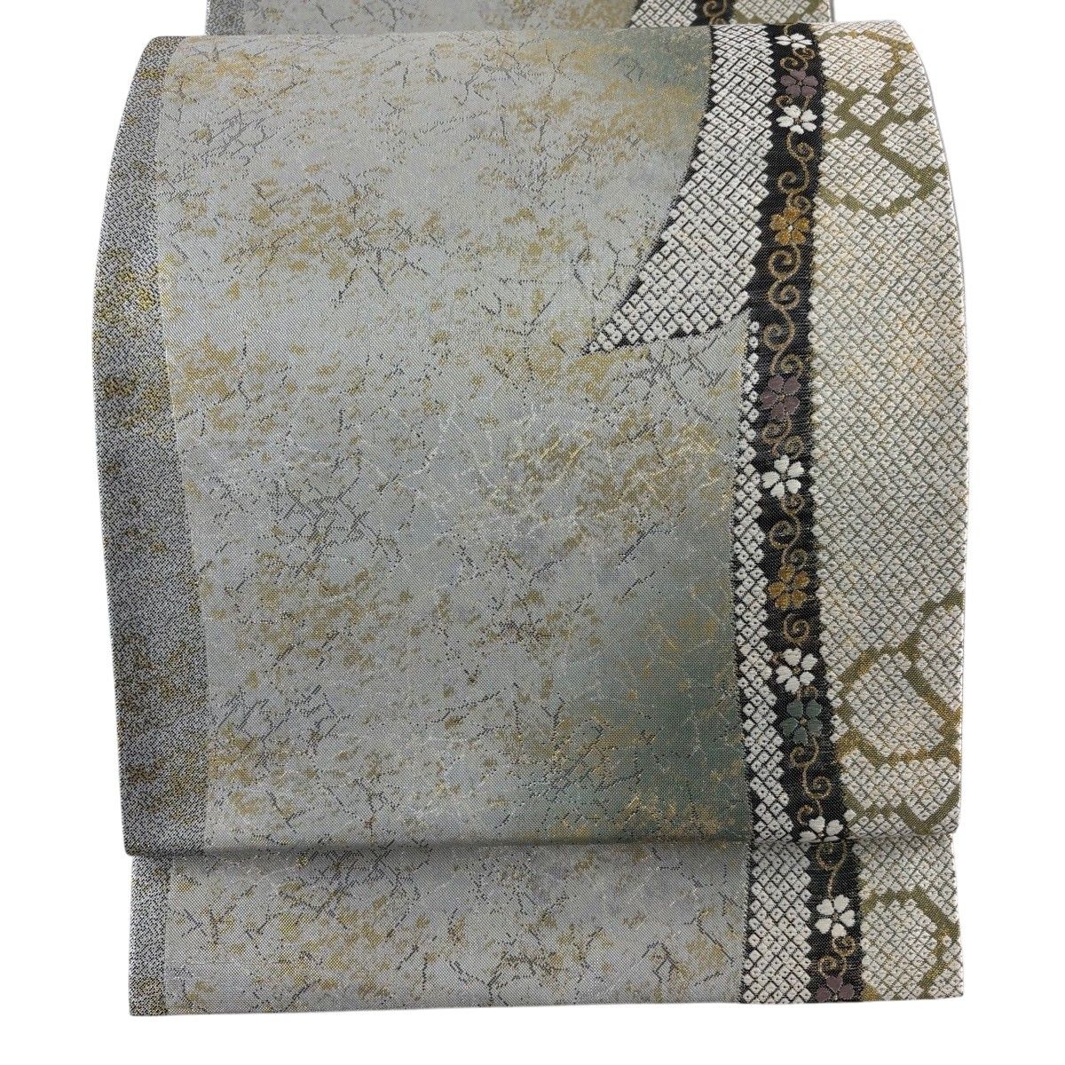 【美品】 袋帯 秀品 花唐草 幾何学 金銀糸 箔 銀色 六通 正絹 【中古】