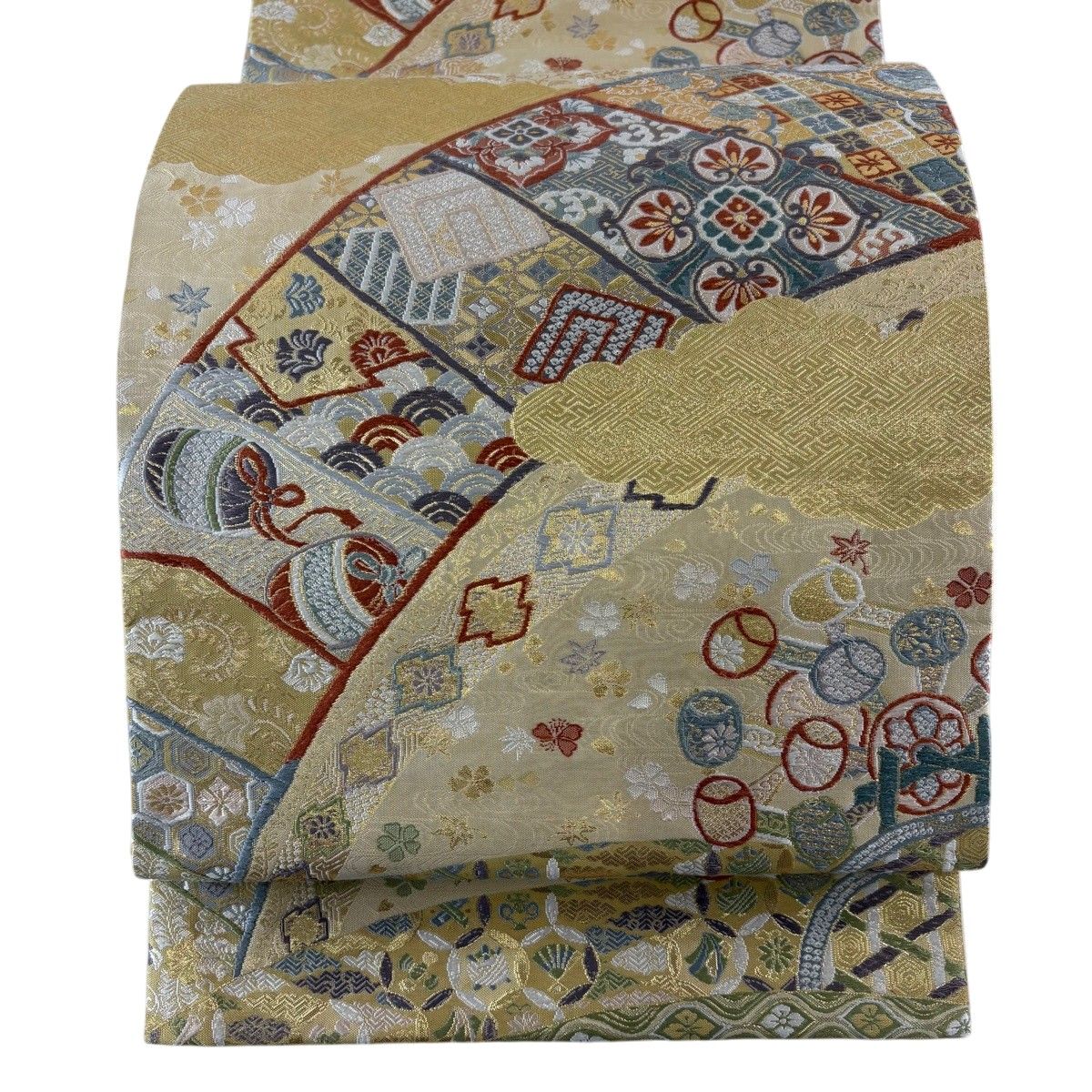 袋帯 名品 華文 雲文 箔 ベージュ 六通 正絹 【中古】