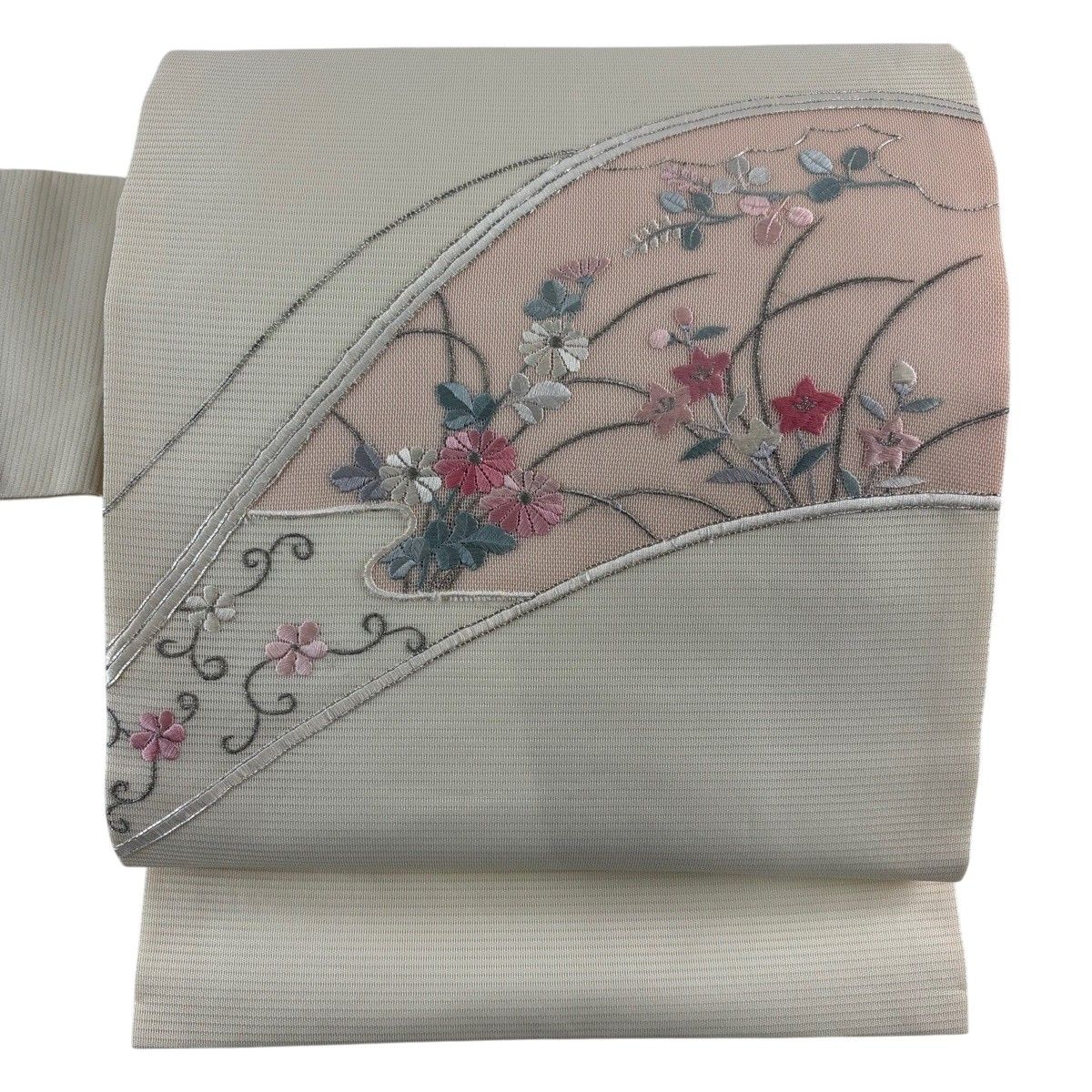 名古屋帯 秀品 夏帯 絽 花唐草 秋草 刺繍 銀糸 クリーム 正絹 【中古】