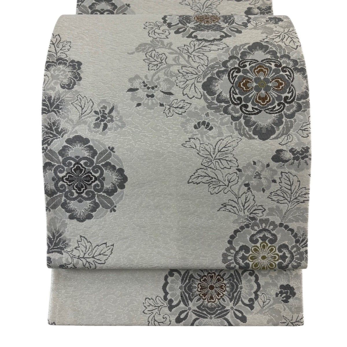【美品】 袋帯 名品 柿渋染 華文 草花 灰白 六通 正絹 【中古】