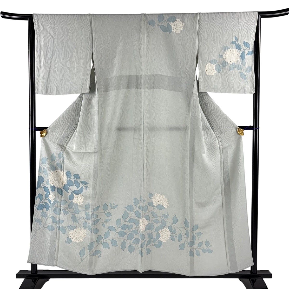 訪問着 身丈153.5cm 裄丈66cm M 単衣 紫陽花 銀糸 銀彩 青灰色 正絹 秀品 一つ紋 【中古】
