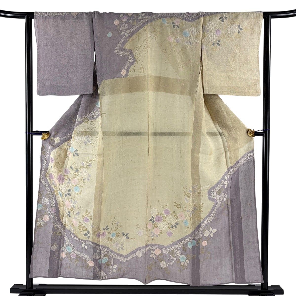 訪問着 身丈154.5cm 裄丈62cm S 薄物 夏紬 枝花 疋田柄 絞り 金彩 灰紫 正絹 名品 【中古】