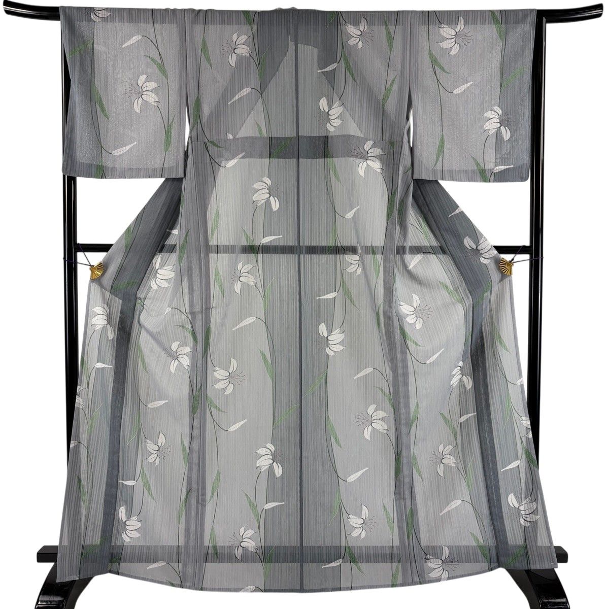 【美品】 小紋 身丈166cm 裄丈66cm M 薄物 百合 灰色 化繊 秀品 【中古】
