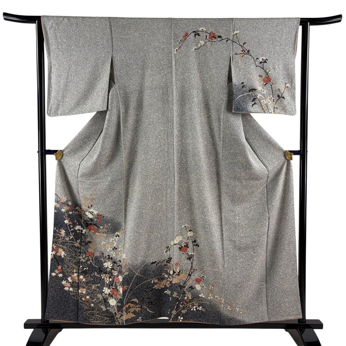 訪問着 身丈157cm 裄丈63.5cm S 袷 草花 流水 金彩 染め分け 黒灰 正絹 秀品 【中古】
