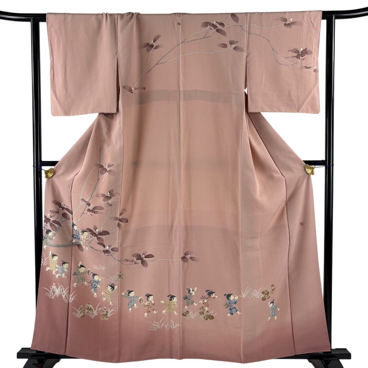 訪問着 身丈158cm 裄丈62.5cm S 袷 関口遼一 落款 枝花 童 ぼかし ピンク 正絹 名品 一つ紋 【中古】