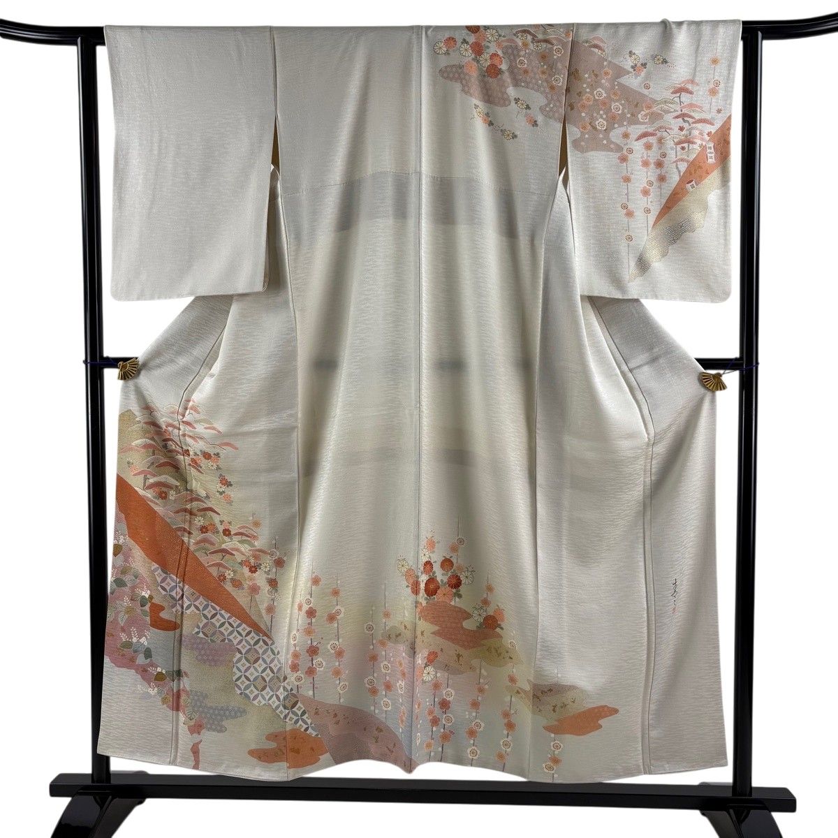 訪問着 身丈154cm 裄丈63cm S 袷 松井青々 落款 松梅 鶴 金彩 ベージュ 正絹 名品 【中古】