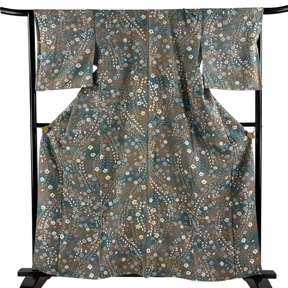 小紋 身丈161.5cm 裄丈66.5cm M 袷 桜 桜の花びら 金彩 絞り 灰緑 正絹 名品 【中古】