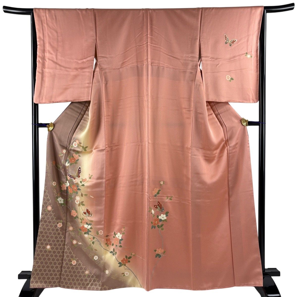 美品】 訪問着 身丈164.5cm 裄丈66cm M 袷 蝶 椿 金彩 染め分け ピンク