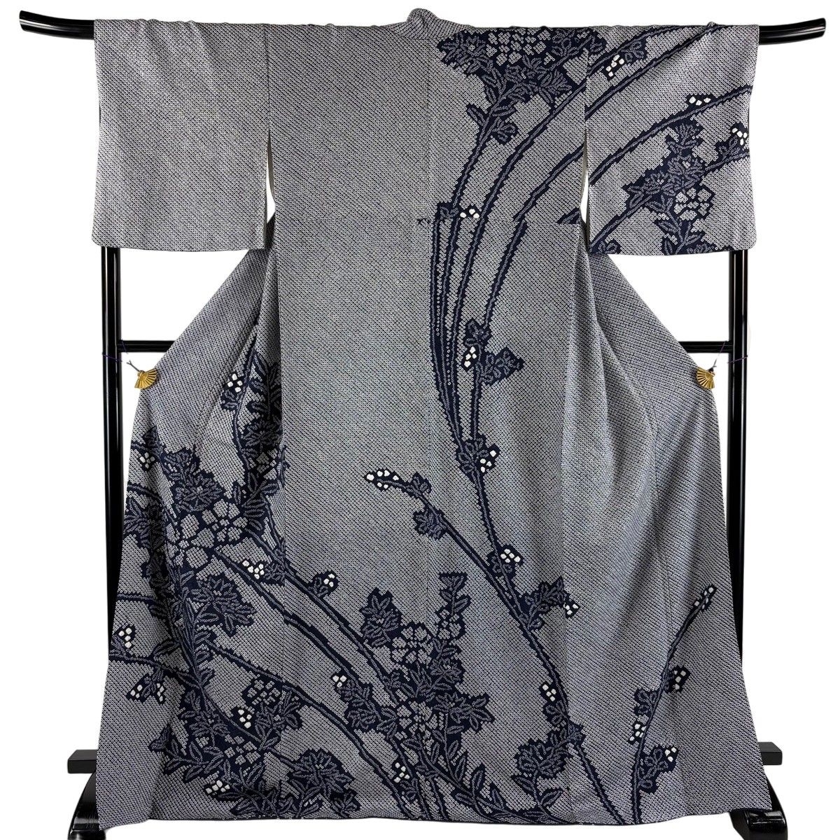 訪問着 身丈170cm 裄丈68cm L 袷 やまと 草花 総絞り 紺色 正絹 秀品